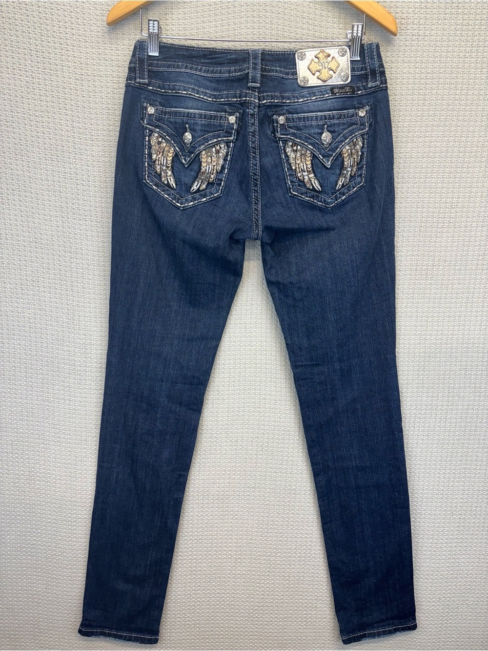 Womens Miss Me Jeans Size 29 X 31 Skinny Y2K Angel Wings Low Rise Blue Denim